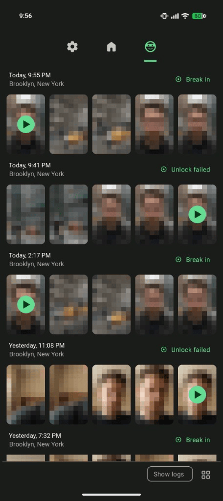 CrookCatcher gallery showing break-in and unlock-failed events with intruder photos, video, time and location