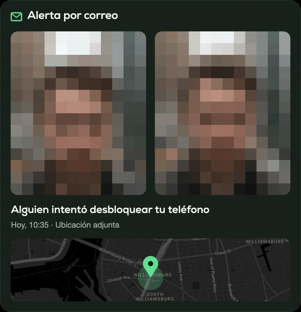Correo de alerta de CrookCatcher con la foto del intruso, la hora del intento y un mapa con la ubicación