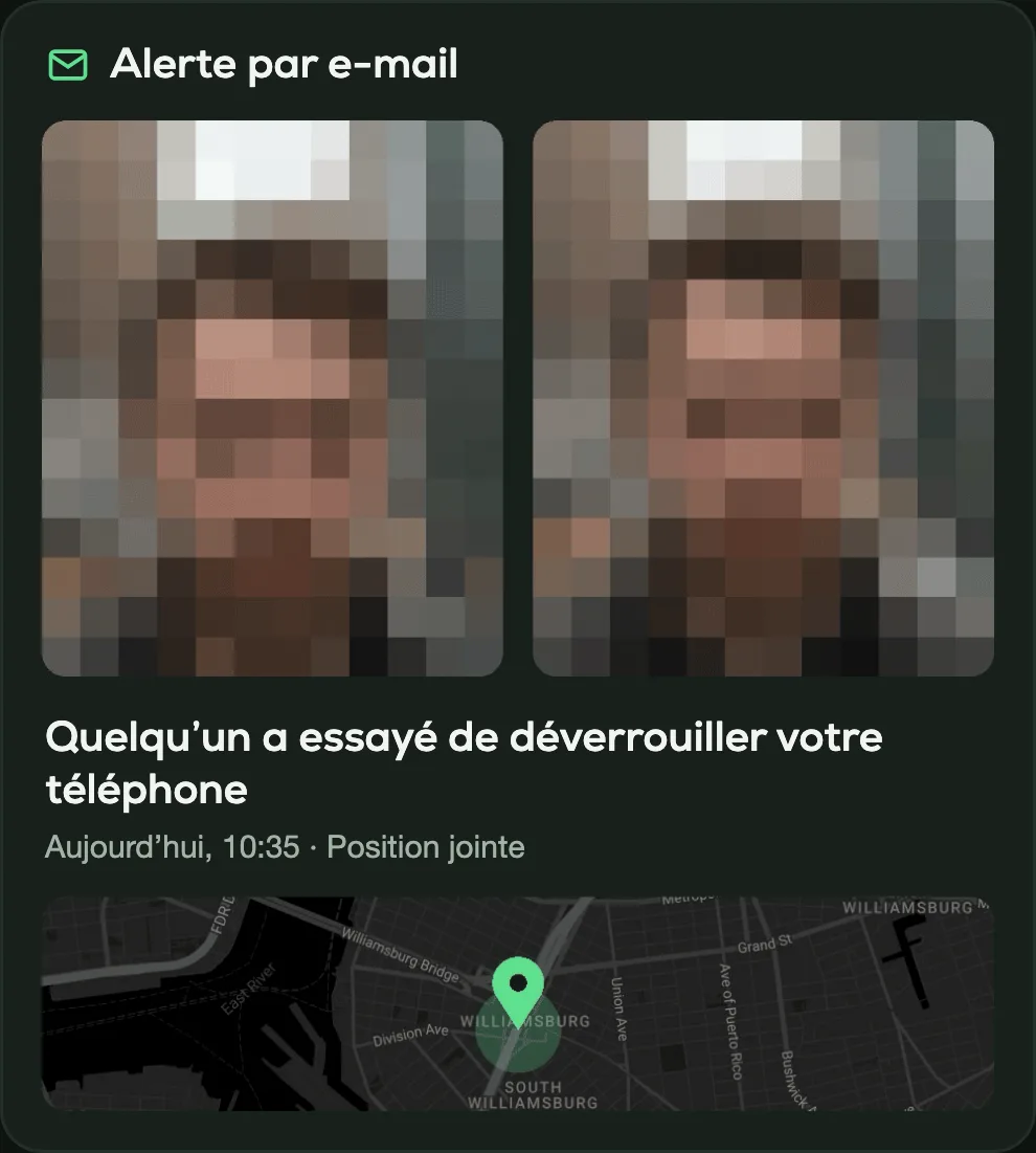 E-mail d'alerte CrookCatcher avec la photo de l'intrus, l'heure de la tentative et une carte avec la position
