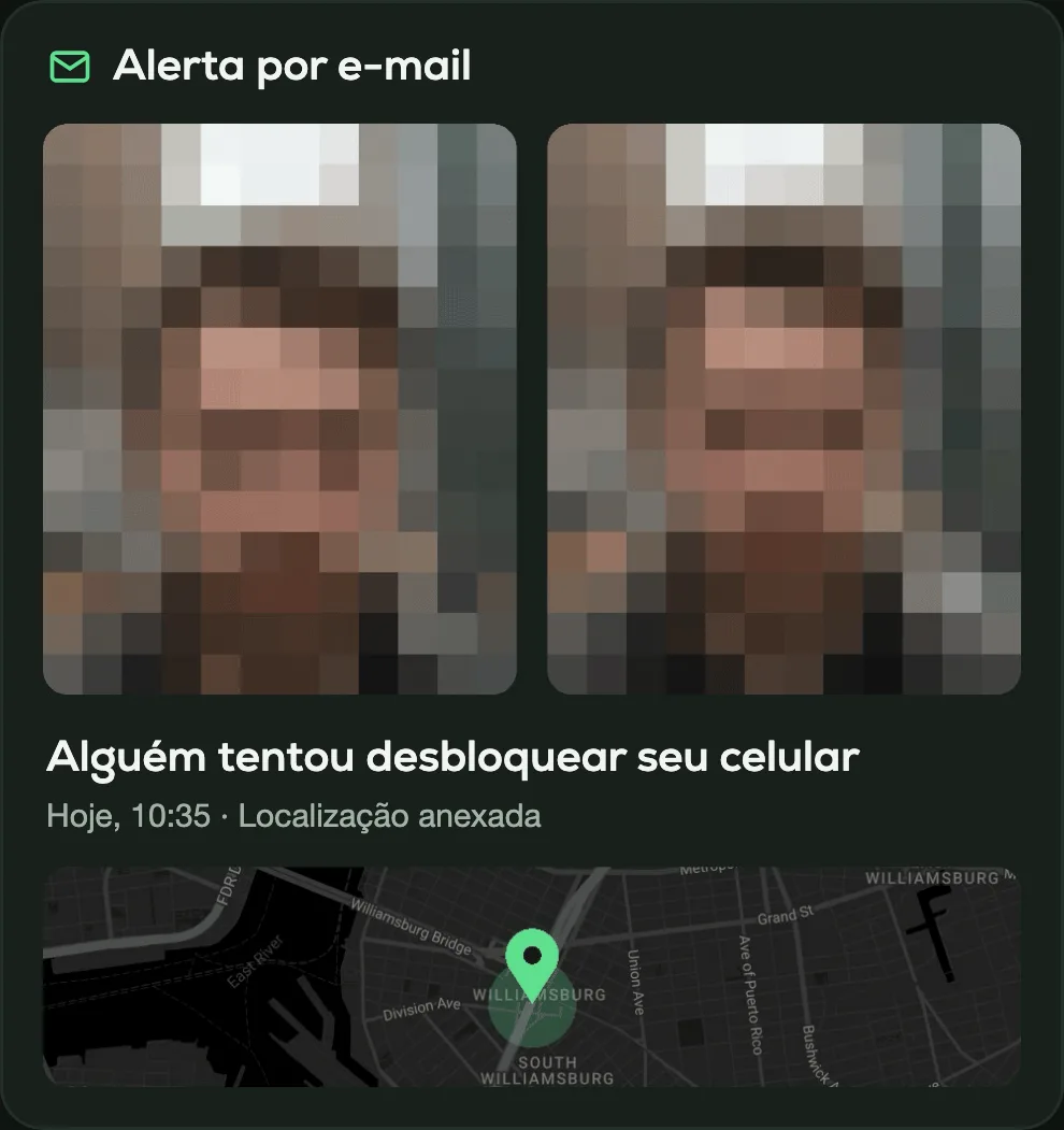 E-mail de alerta do CrookCatcher com a foto do intruso, o horário da tentativa e um mapa com a localização