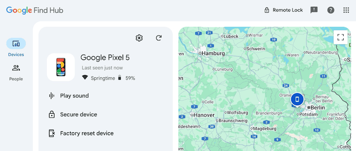 Find Hub interface for locating your phone