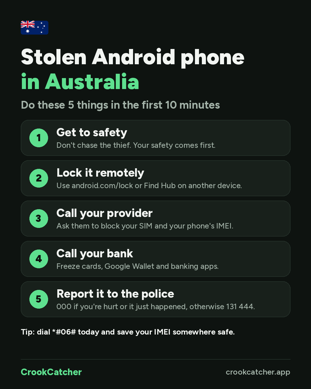 Checklist: Android phone stolen in Australia? Do these 5 things in the first 10 minutes. 1. Get to safety. 2. Lock it remotely. 3. Call your provider. 4. Call your bank. 5. Report it to the police.