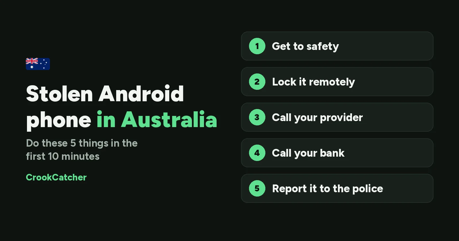 Android phone stolen in Australia? What to do in the first 10 minutes: get to safety, lock it remotely, call your provider, call your bank, report it to the police