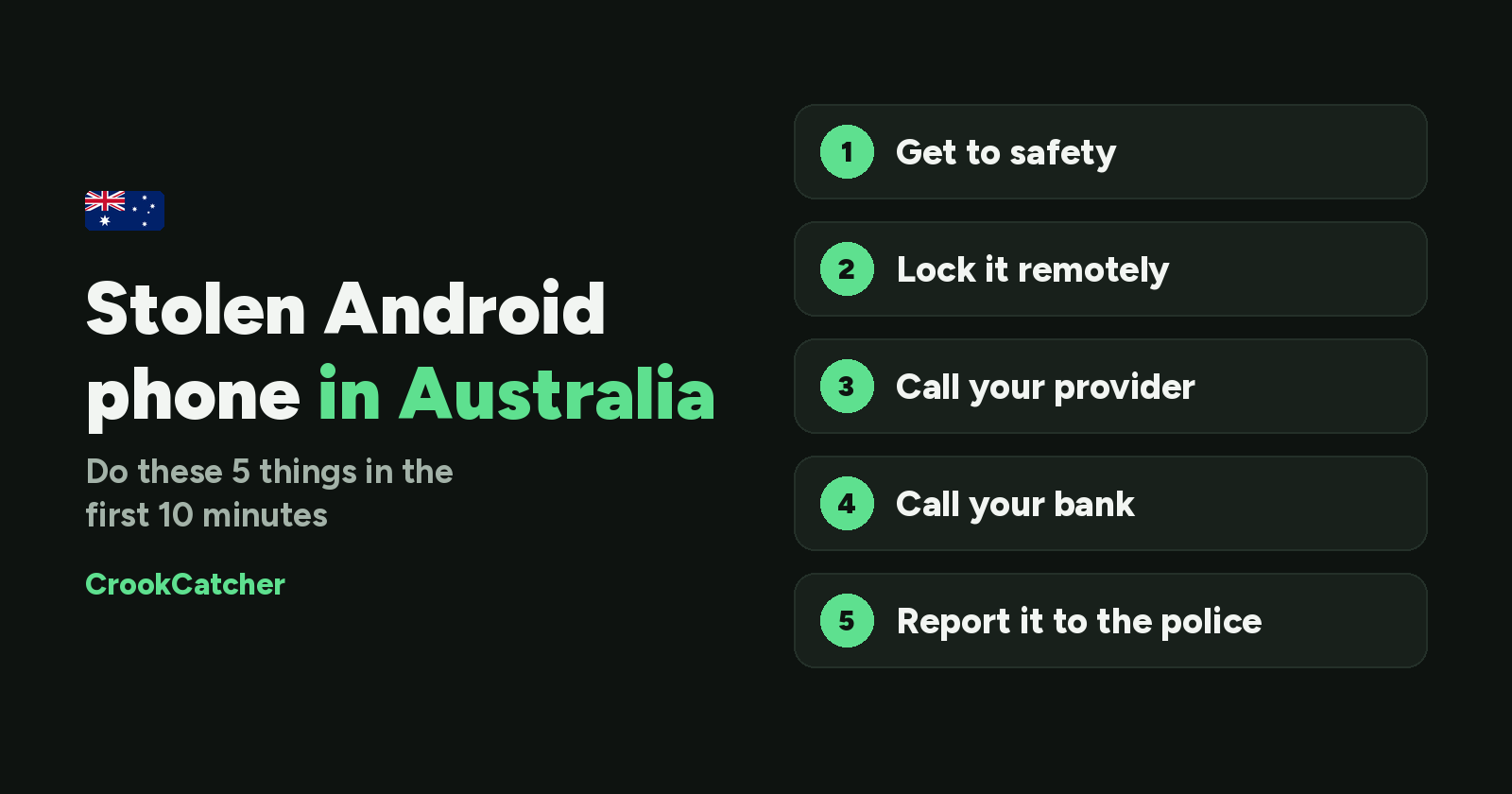 Android phone stolen in Australia? What to do in the first 10 minutes: get to safety, lock it remotely, call your provider, call your bank, report it to the police