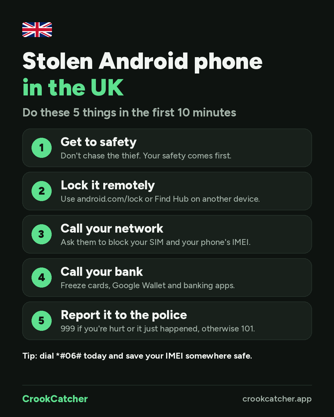 Checklist: Android phone stolen in the UK? Do these 5 things in the first 10 minutes. 1. Get to safety. 2. Lock it remotely. 3. Call your network. 4. Call your bank. 5. Report it to the police.