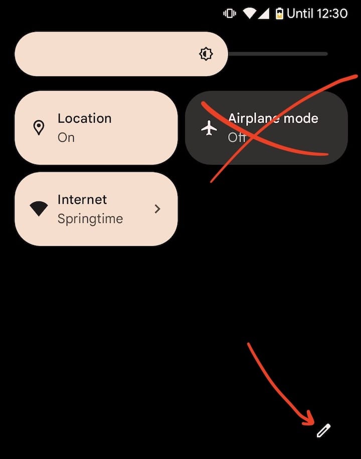 Quick Settings screen with Airplane Mode removed