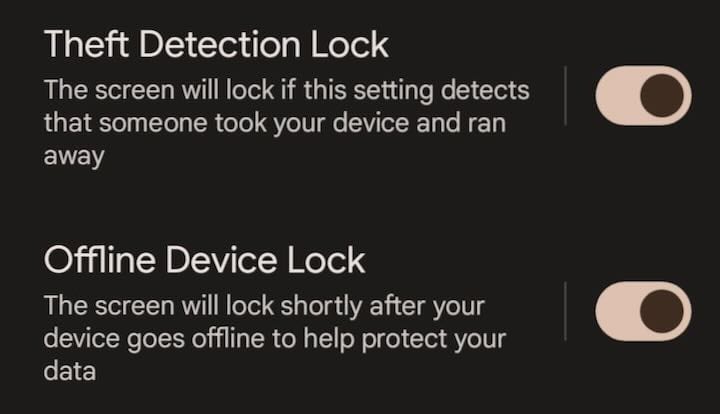 Theft protection settings on Android