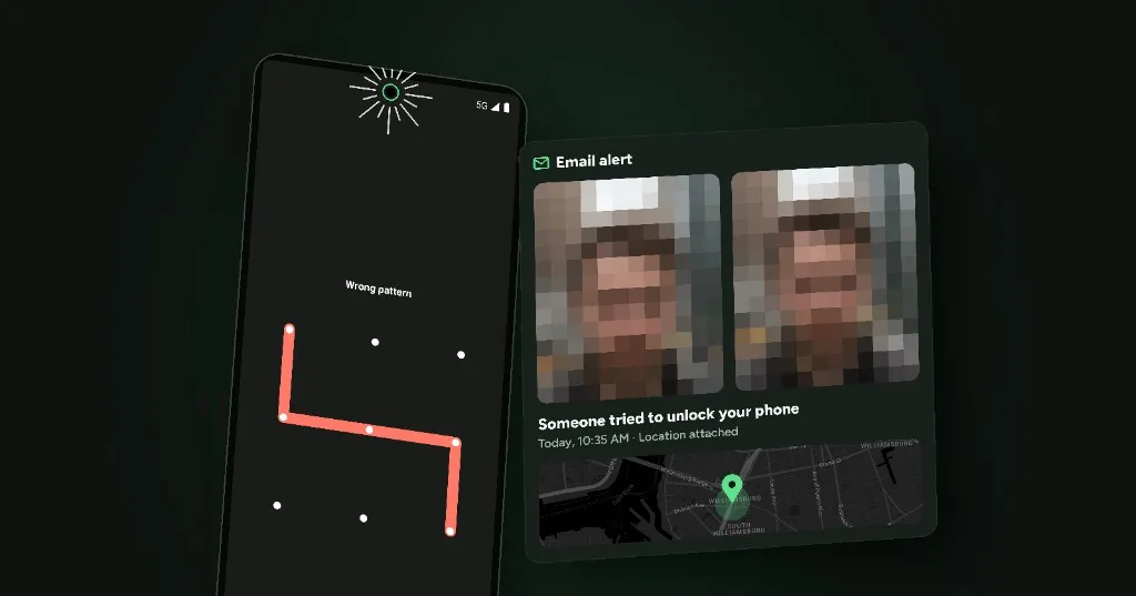 Téléphone affichant une tentative de déverrouillage avec un mauvais schéma, à côté d'une alerte CrookCatcher par e-mail avec les photos de l'intrus et sa position