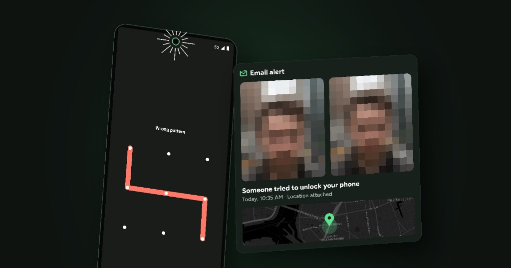 Phone showing a wrong pattern unlock attempt next to a CrookCatcher email alert with intruder photos and location