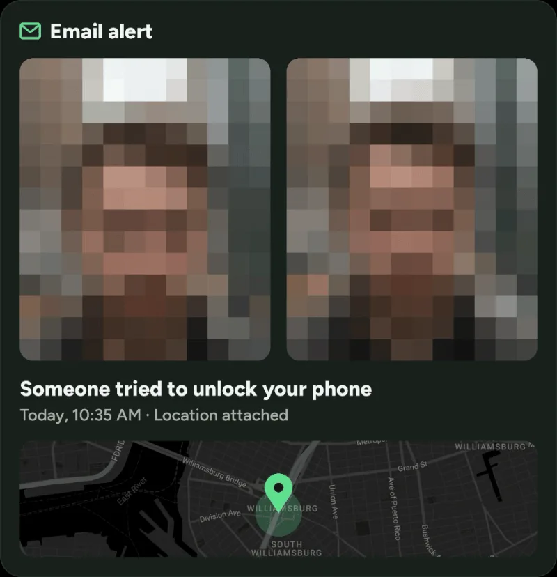 CrookCatcher email alert with the intruder's photo, the time of the attempt and a map of the location