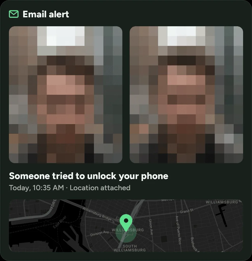 Alerte CrookCatcher par e-mail avec deux photos de l'intrus, un message de tentative de déverrouillage, l'heure et une carte avec la position