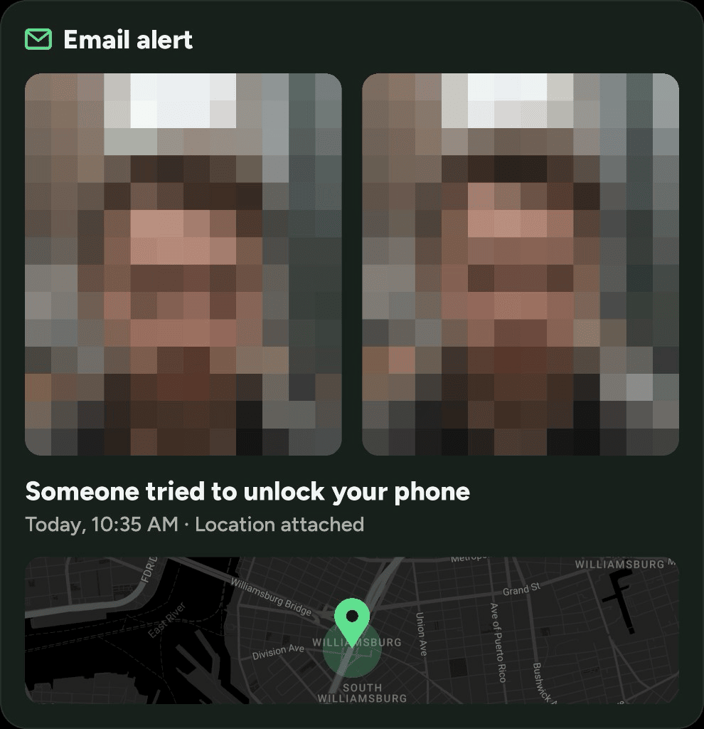 CrookCatcher email alert showing two intruder photos, unlock attempt message, time, and a map with location pin