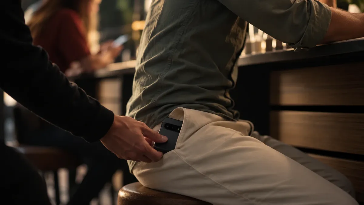 A hand quietly taking a phone from someone's back pocket in a café