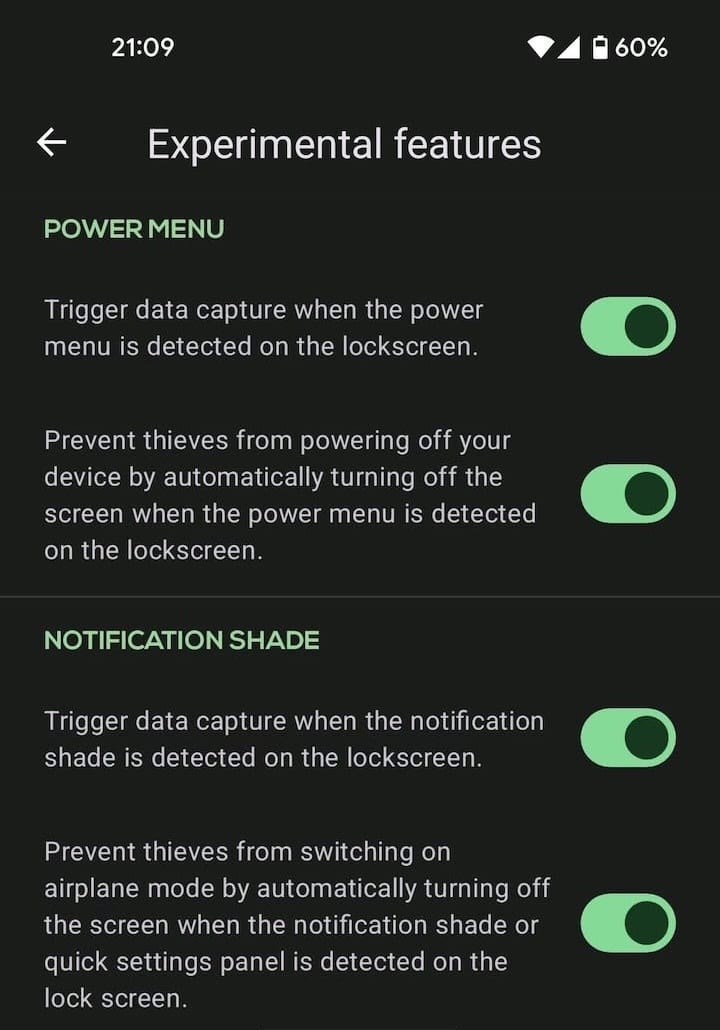 CrookCatcher settings for blocking power menu